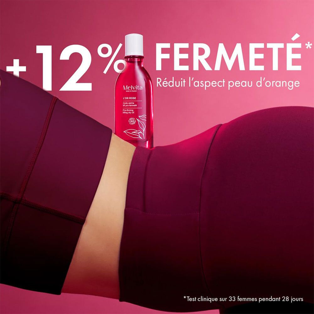 Flacon sur cuisse. Texte: +12% Fermeté. Réduit l'aspect peau d'orange.