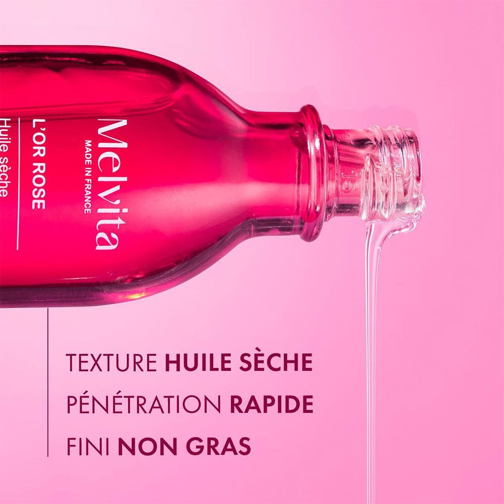 Flacon, huile versée. Texte: Texture huile sèche, pénétration rapide, fini non gras.