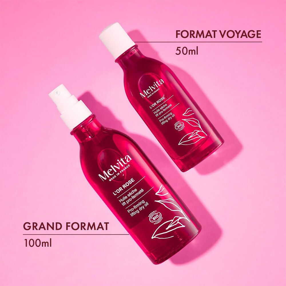 Deux flacons: 50ml et 100ml. Texte: Format voyage 50ml, Grand format 100ml.