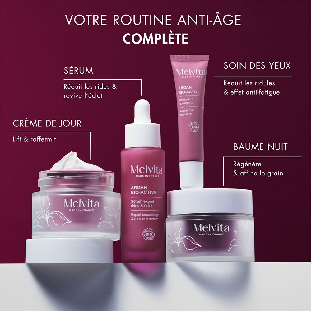 Routine anti-âge avec différents produits Melvita. Crème, sérum, soin des yeux.