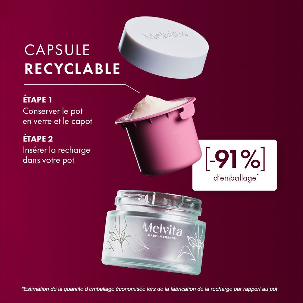 Capsule recyclable. Étapes: conserver le pot, insérer la recharge. -91% d'emballage.