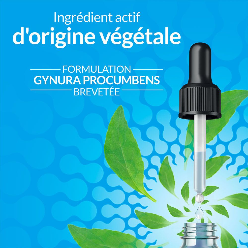 Gros plan d'un flacon compte-gouttes avec sérum et pipette. Texte : Ingrédient actif d'origine végétale.