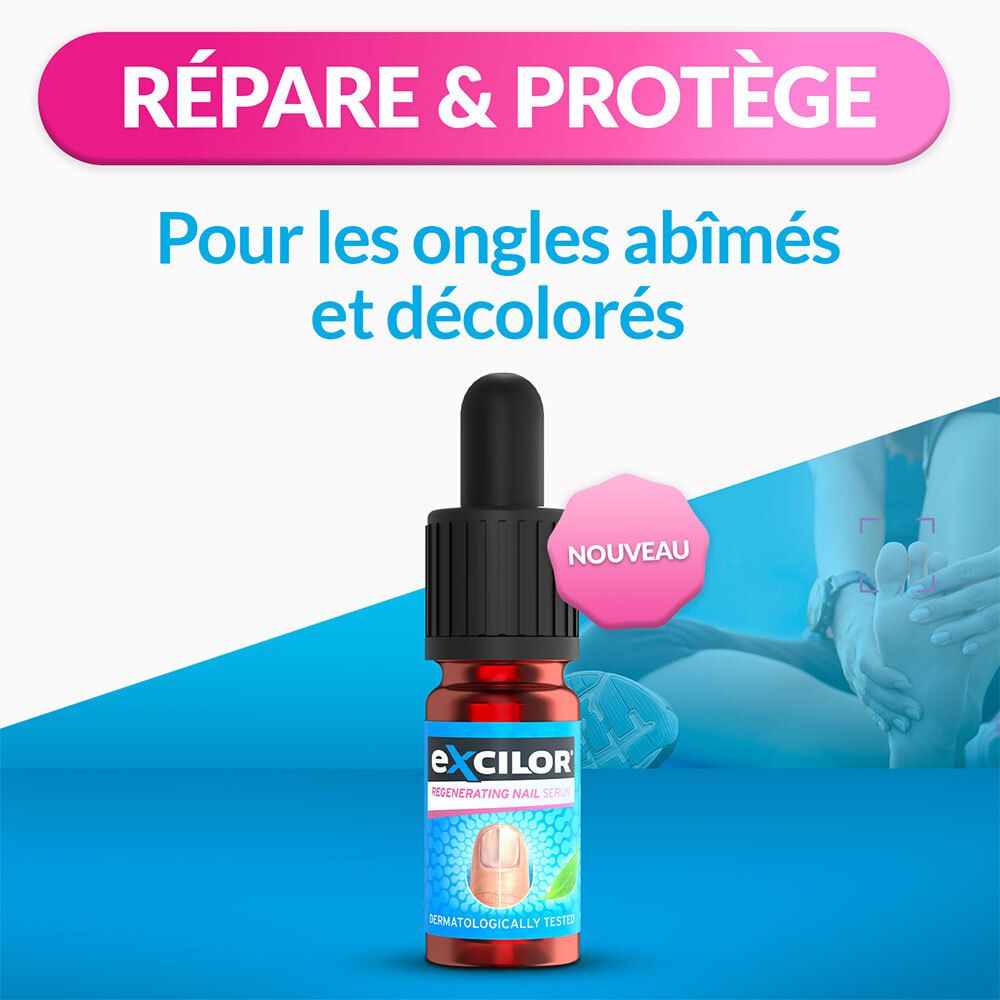 Flacon compte-gouttes de sérum. Texte : Répare & protège. Nouveau produit. Testé dermatologiquement.