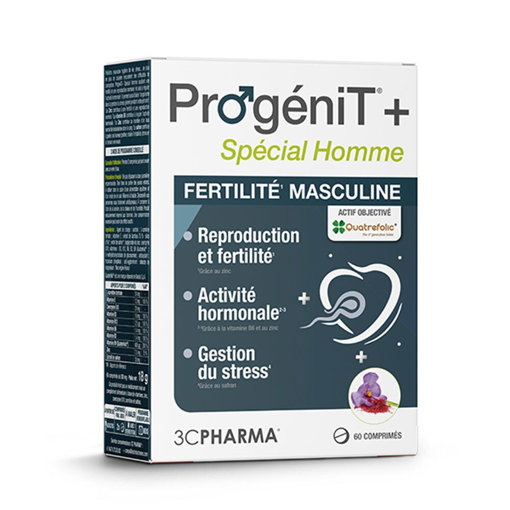 Boîte 3C Pharma Progenit + Homme. Inscription Fertilité Masculine, 60 comprimés. Logo Quatrefolic.