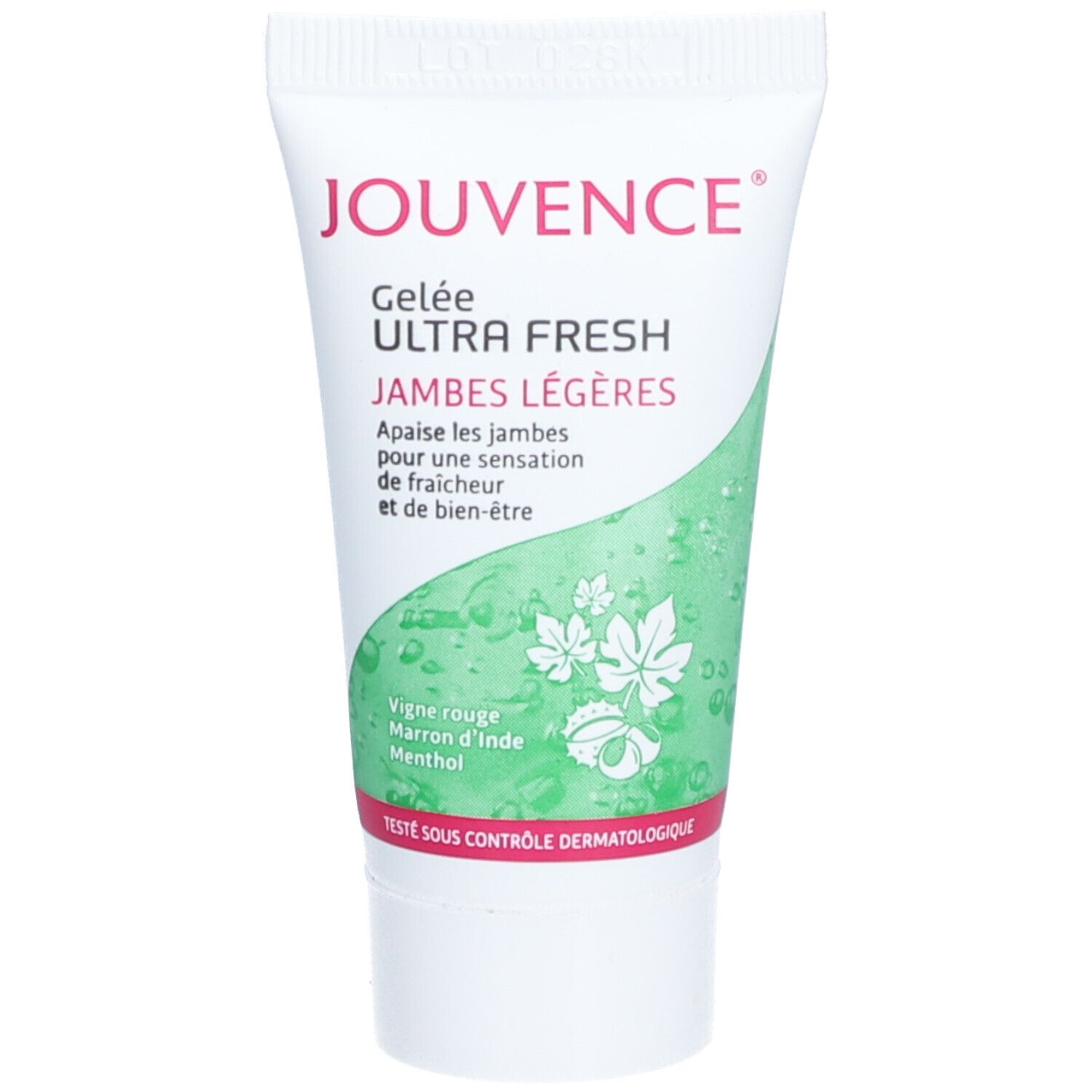 Tube de gel "Jouvence Ultra Fresh". Inscription "Jambes légères". Design vert et blanc avec motif végétal.