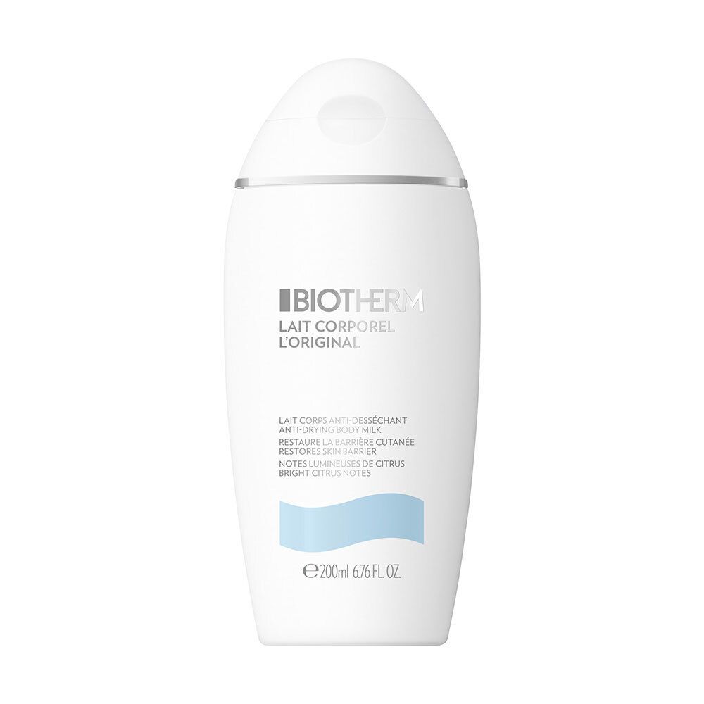 Flacon blanc avec détails argentés. Inscription: BIOTHERM Lait corporel L'Original. Texte: Lait corps anti-desséchant, 200ml.