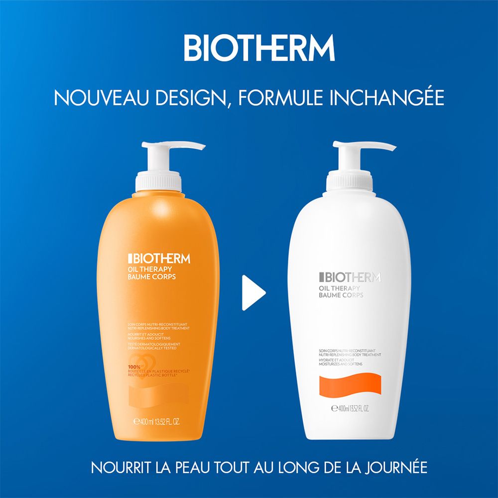Comparaison de deux flacons de lait corporel Biotherm : ancien design (orange) et nouveau design (blanc).