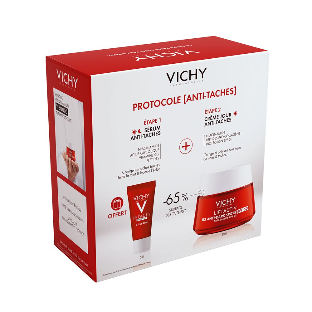 Coffret Vichy avec crème et sérum. Boîte rouge et blanche avec détails du produit. Offre : Sérum LIFTACTIV B3.