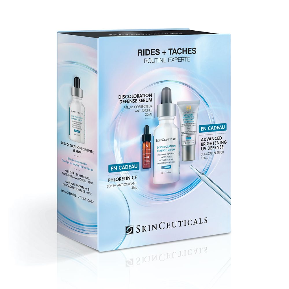Coffret avec sérum, flacon et tube. Texte : Rides + Taches, SkinCeuticals. Contient une protection UV.