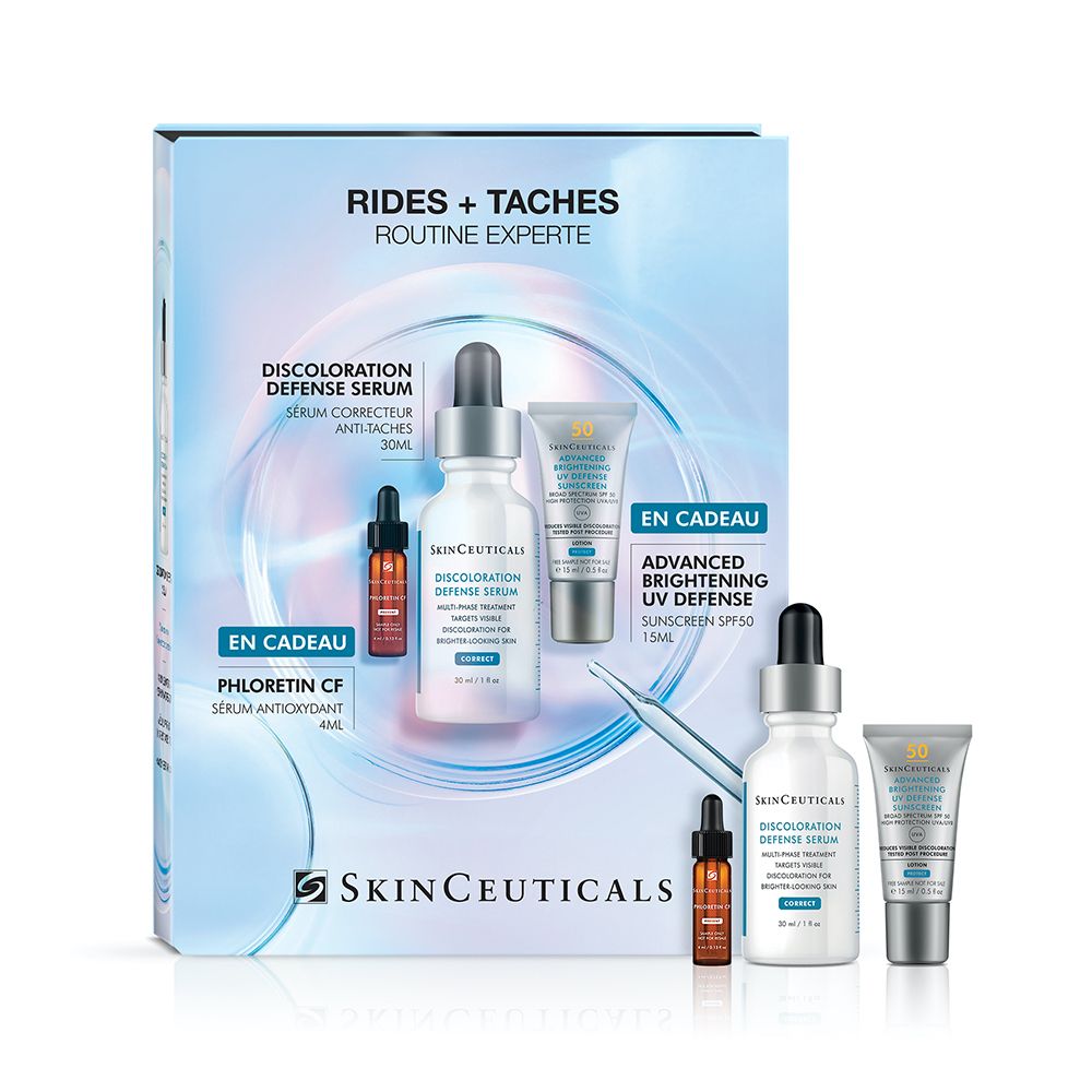 Coffret avec sérum, flacon et tube. Logo SkinCeuticals. Texte : Rides + Taches. Contient une protection UV.