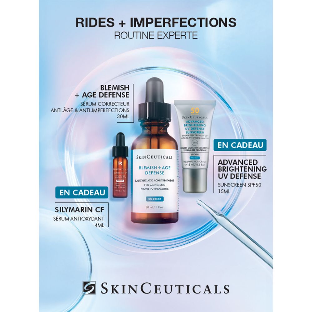 Trois produits: sérum, flacon pipette, tube. Texte: Rides + Imperfections, SkinCeuticals. Contient: Blemish + Age Defense, Silymarin CF, Advanced Brightening UV Defense.