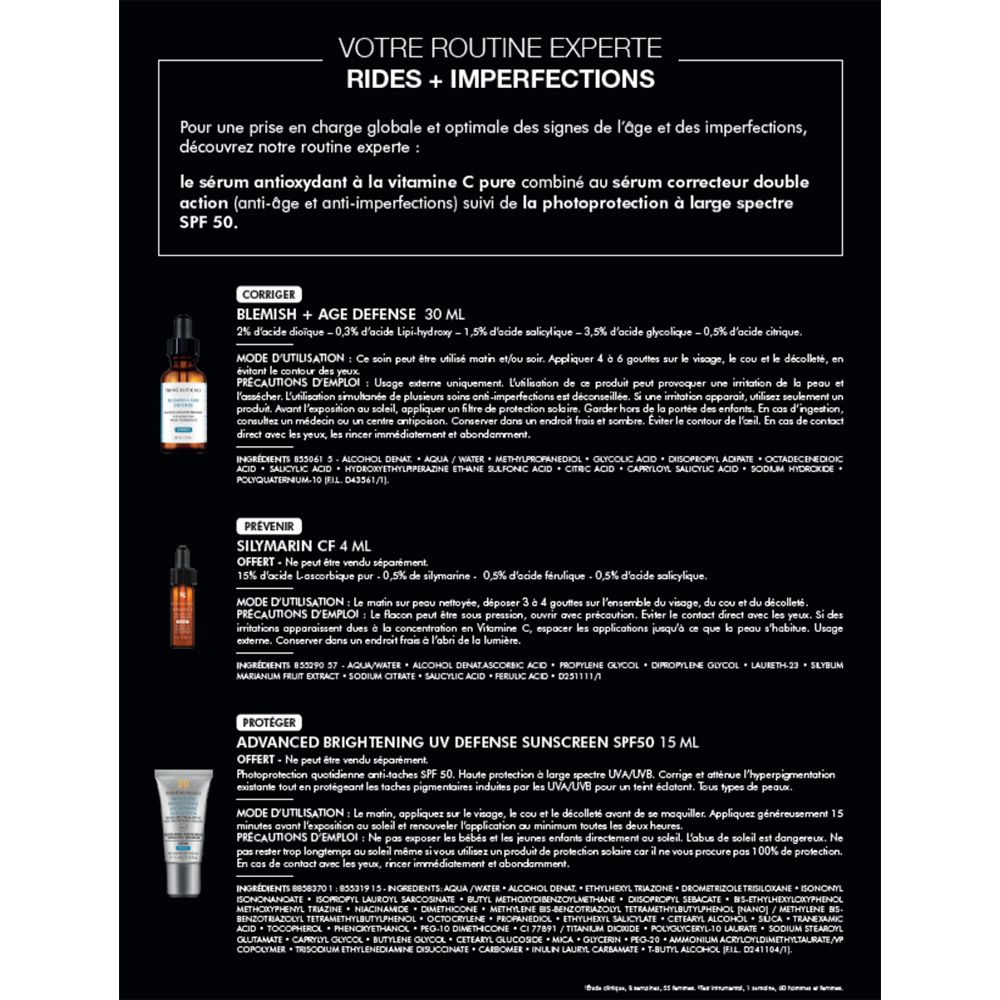 Page de texte avec informations sur les produits. Contient des informations sur Blemish + Age Defense, Silymarin CF et Advanced Brightening UV Defense Sunscreen SPF50.