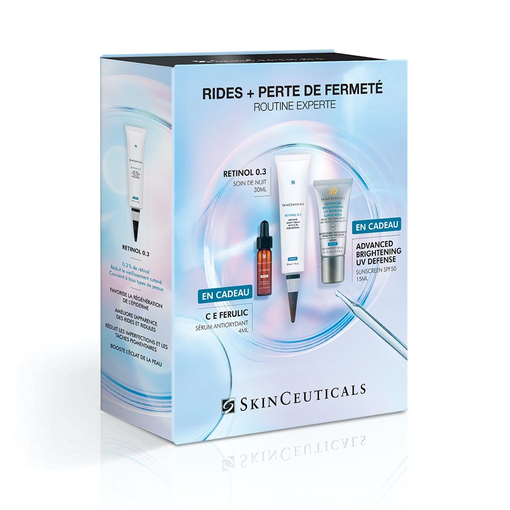 Coffret avec Retinol 0.3, sérum C E Ferulic et Advanced Brightening UV Defense. Logo SkinCeuticals. Emballage.