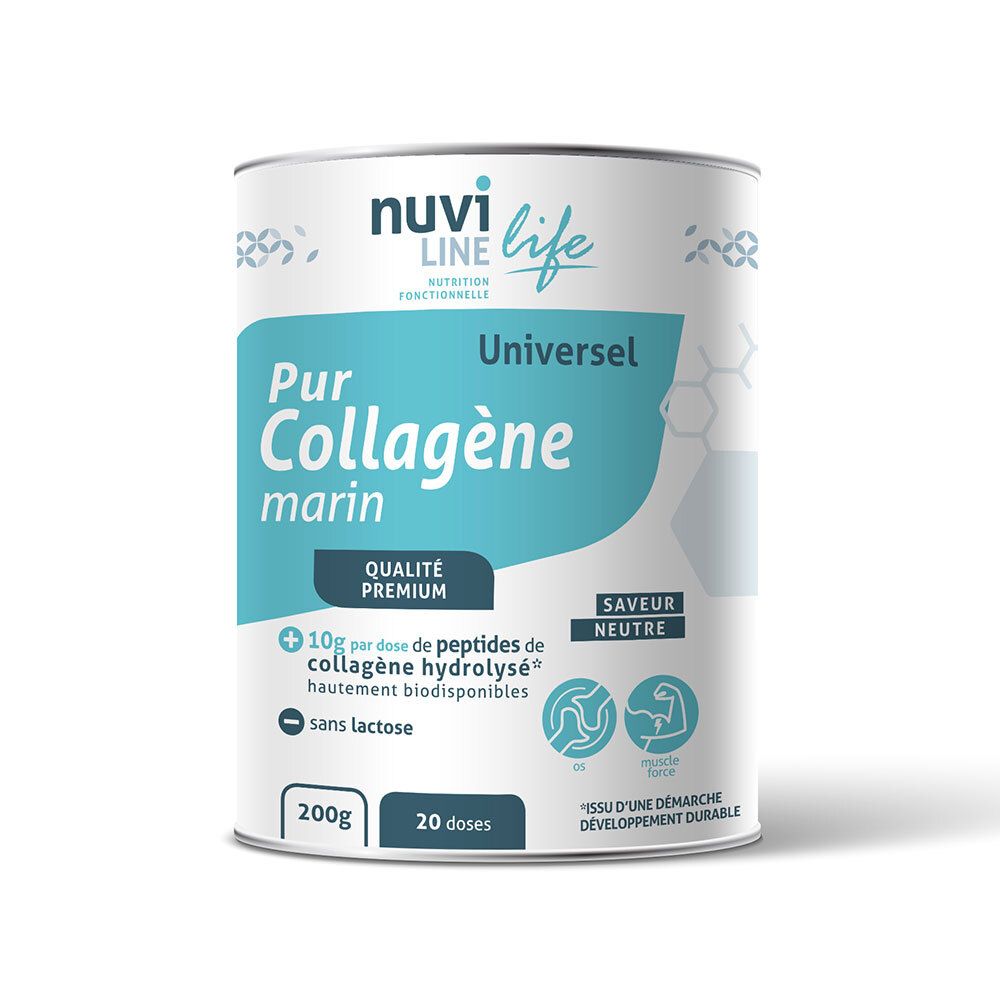 Boîte cylindrique. Inscription: Nuvi Life, Pur Collagène marin, Universel. 200g, 20 doses. Sans lactose.