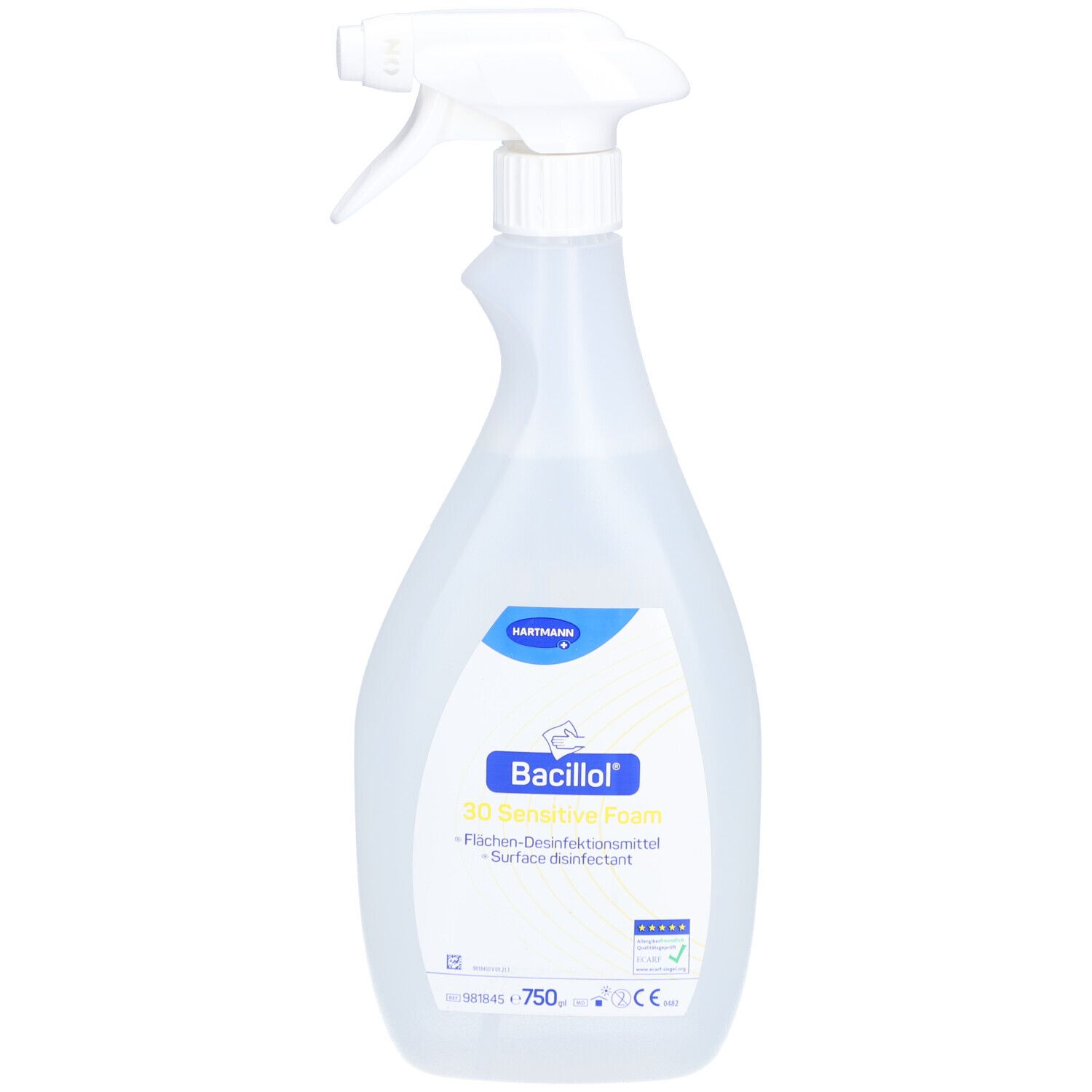 Flacon pulvérisateur transparent avec tête blanche. Inscription: Bacillol, 3D Sensitive Foam. Marquage CE.