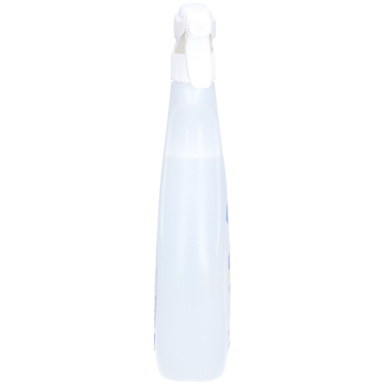 Flacon étroit et transparent avec tête de pulvérisation blanche. Vue latérale. Aucun autre détail visible.