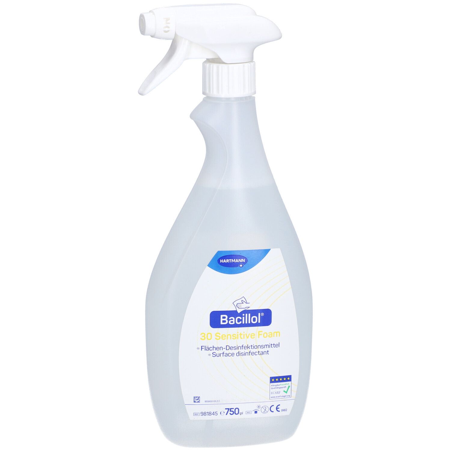 Flacon pulvérisateur transparent avec tête blanche. Inscription: Bacillol, 3D Sensitive Foam. Marquage CE.