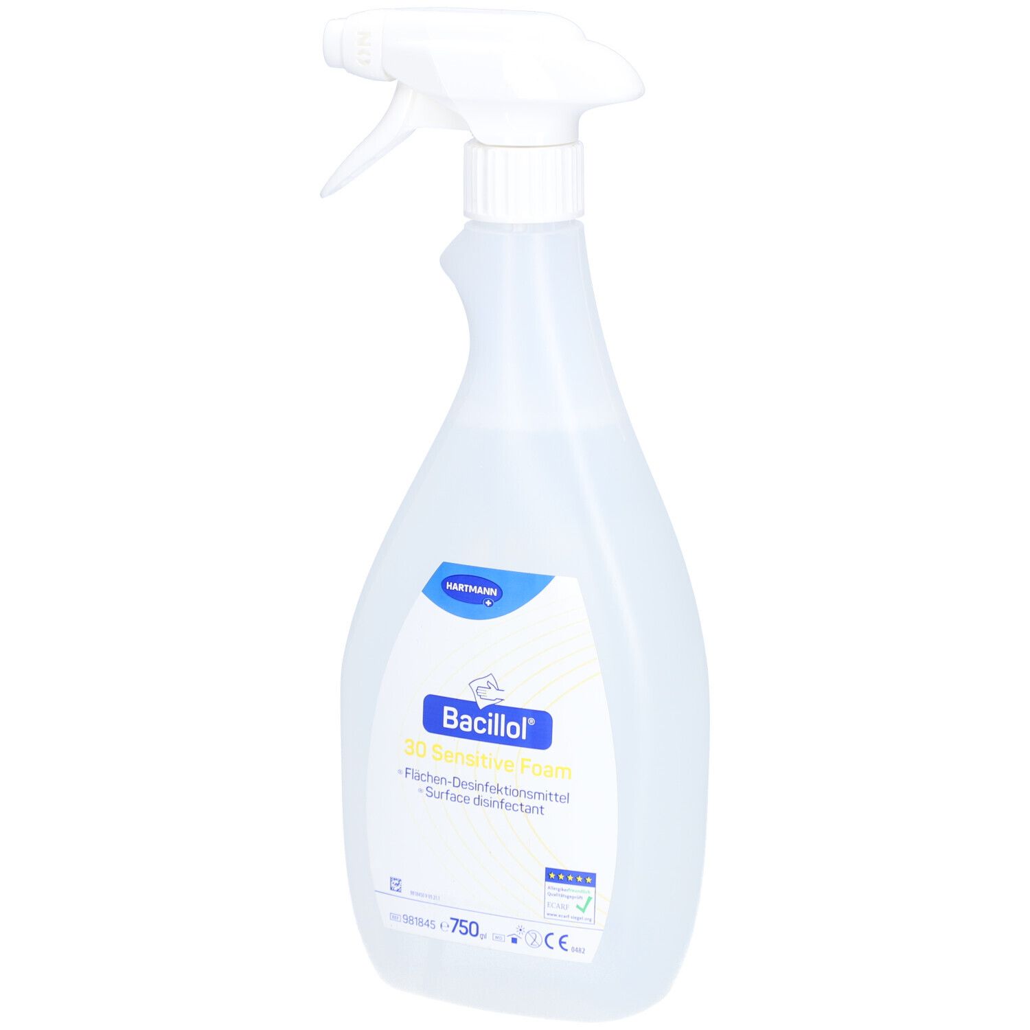 Flacon pulvérisateur transparent avec tête blanche. Inscription: Bacillol, 3D Sensitive Foam. Marquage CE.