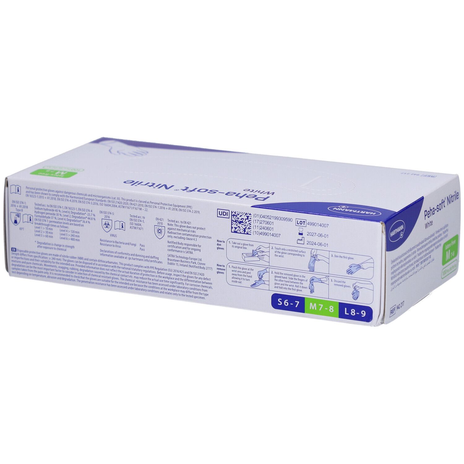 Dos de la boîte Hartmann Peha-soft Nitrile White. Tailles S-9. Informations sur les certifications et les instructions.