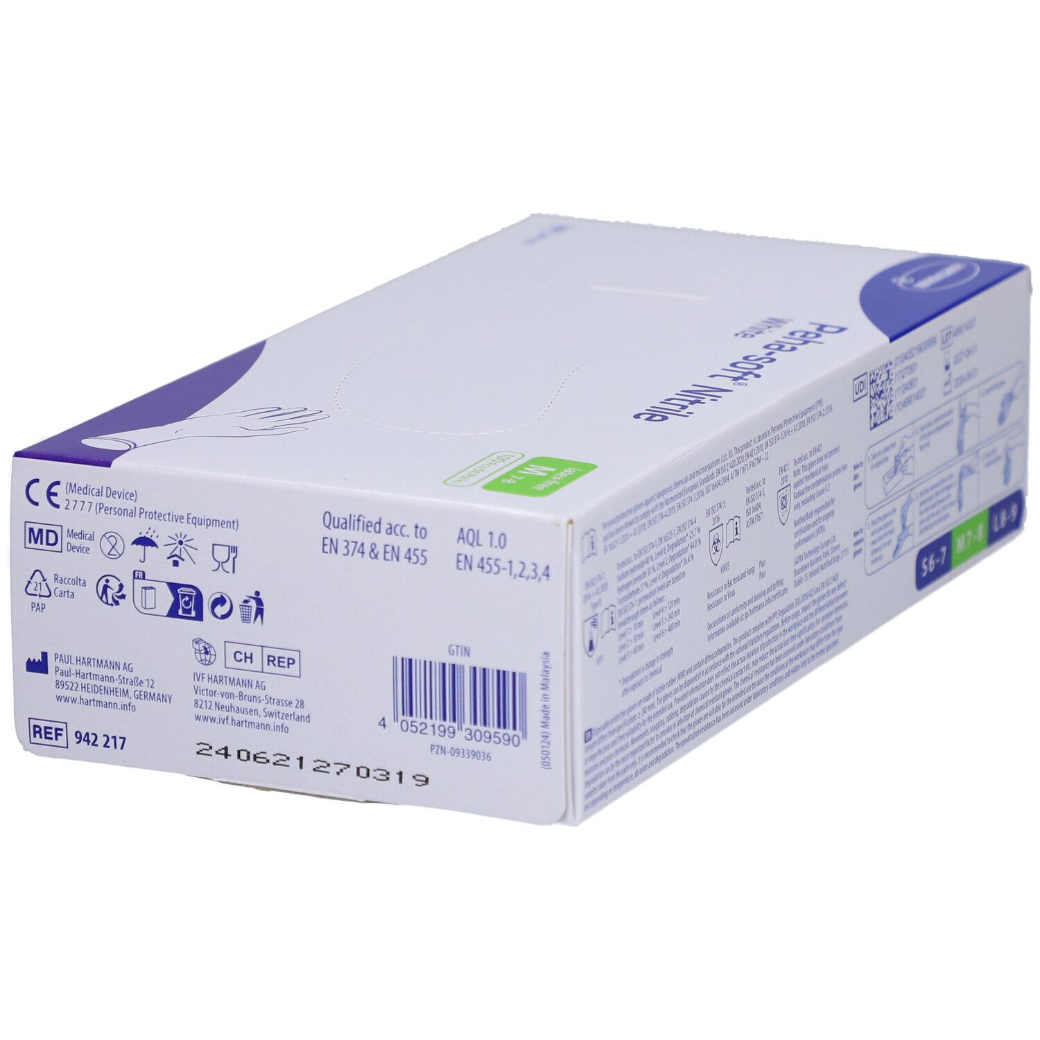 Dessous de la boîte Hartmann Peha-soft Nitrile White. Informations sur les certifications et le fabricant.