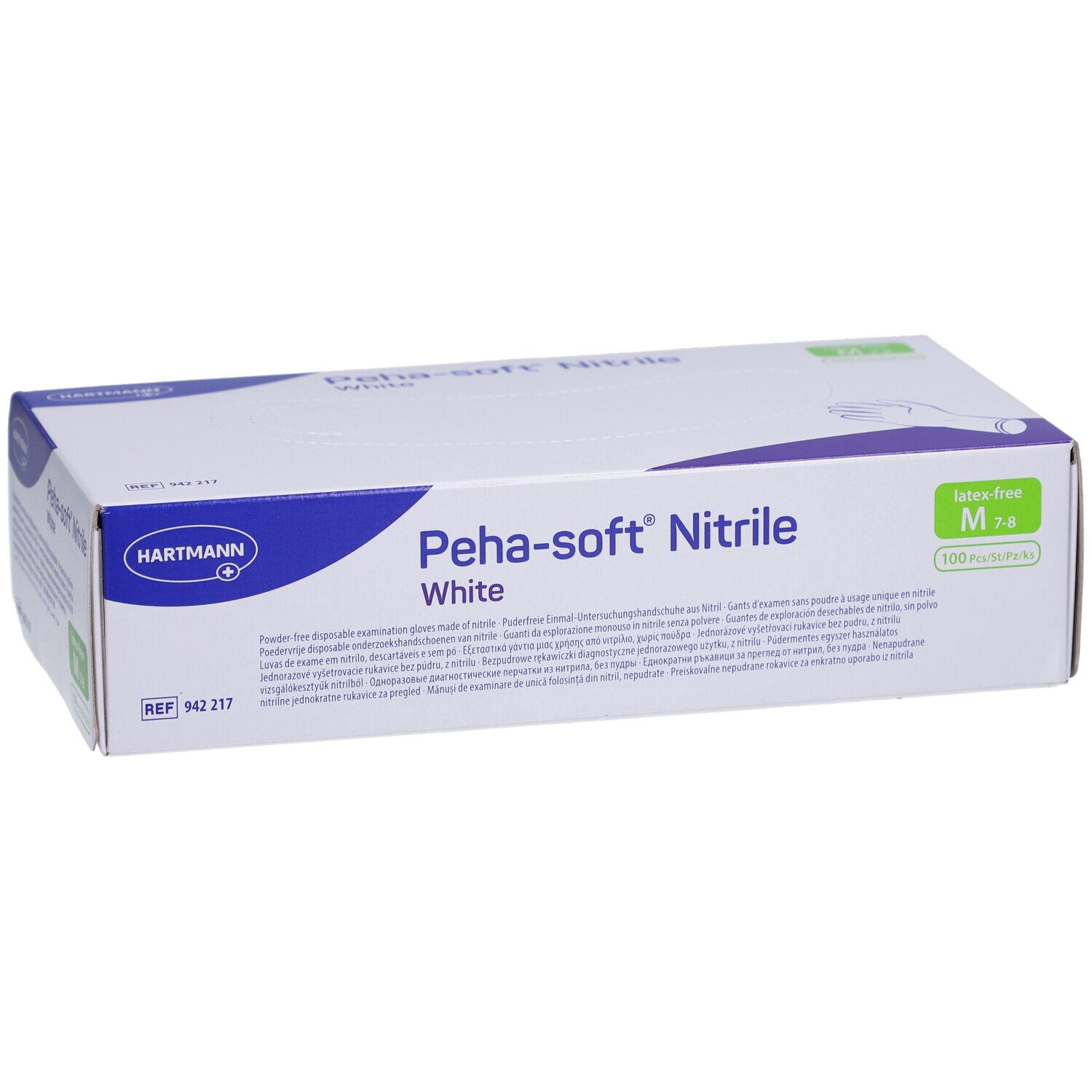 Boîte de gants Hartmann Peha-soft Nitrile White. Taille M 7-8, 100 pièces. Sans latex. Emballage blanc et bleu.