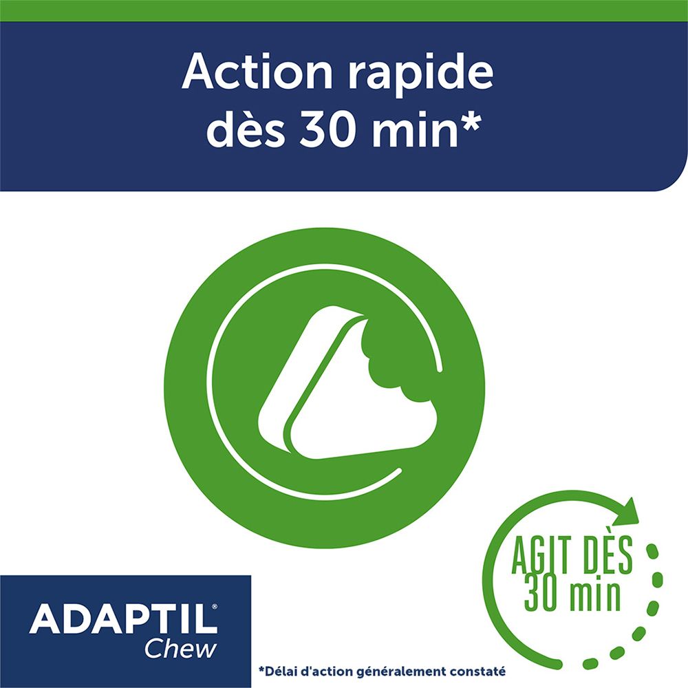 Adaptil Chew. Cercle vert avec un symbole de bouchée. Texte : Action rapide dès 30 min. Adaptil Chew.