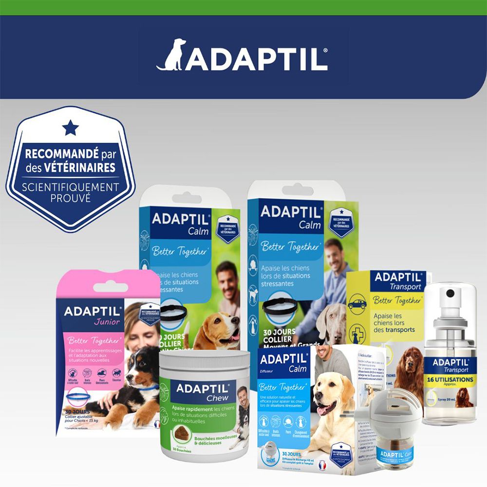 Divers produits Adaptil. Logo: Recommandé par les vétérinaires, scientifiquement prouvé.
