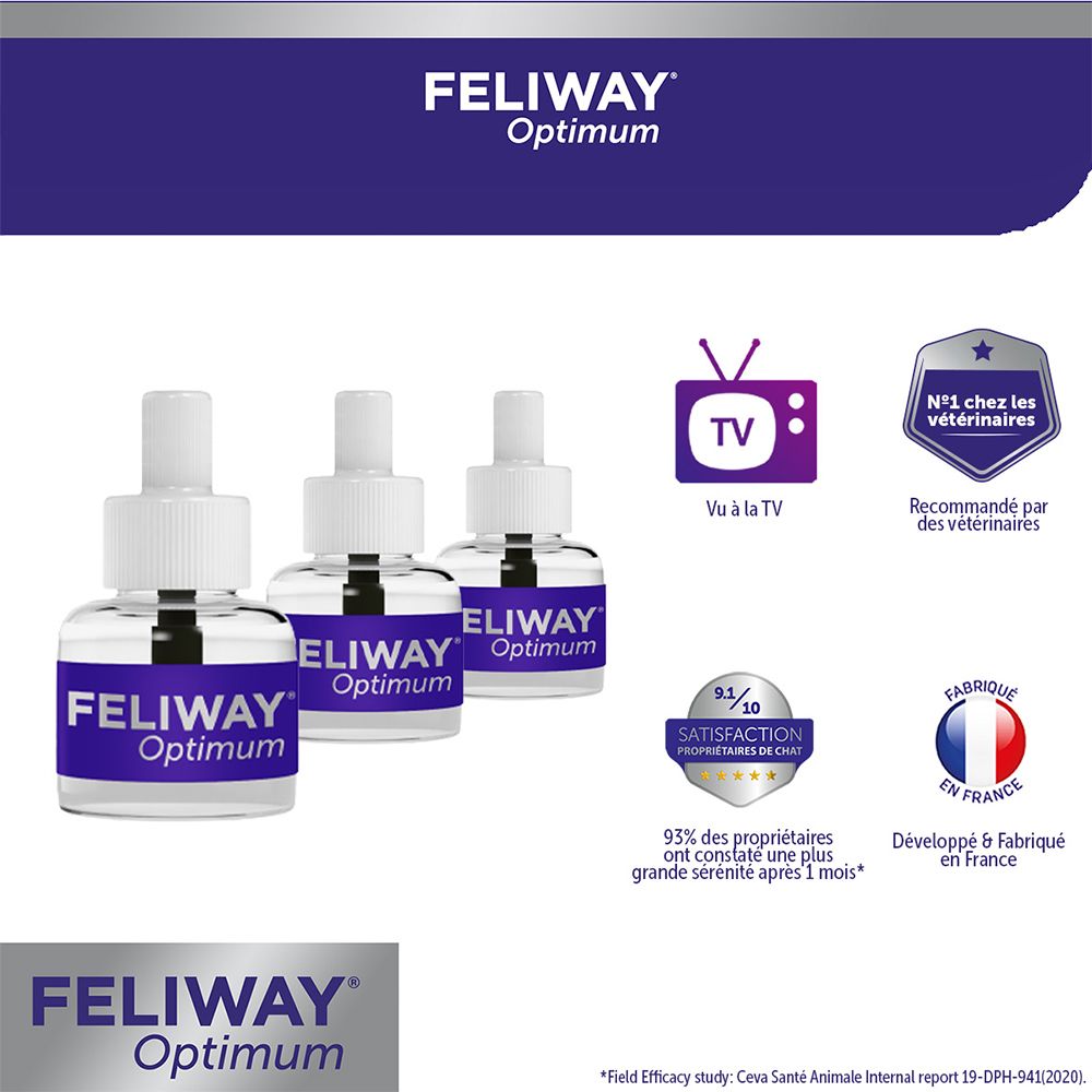 Feliway Optimum, 3 recharges. Recommandé par les vétérinaires. Fabriqué en France. 93% de satisfaction après un mois.