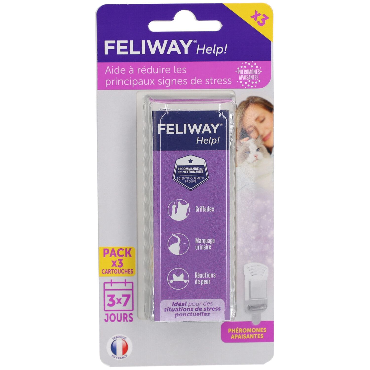 Paquet de 3 recharges FELIWAY Help!. Logo et texte. Recommandé par les vétérinaires. Illustrations de chats et symptômes.