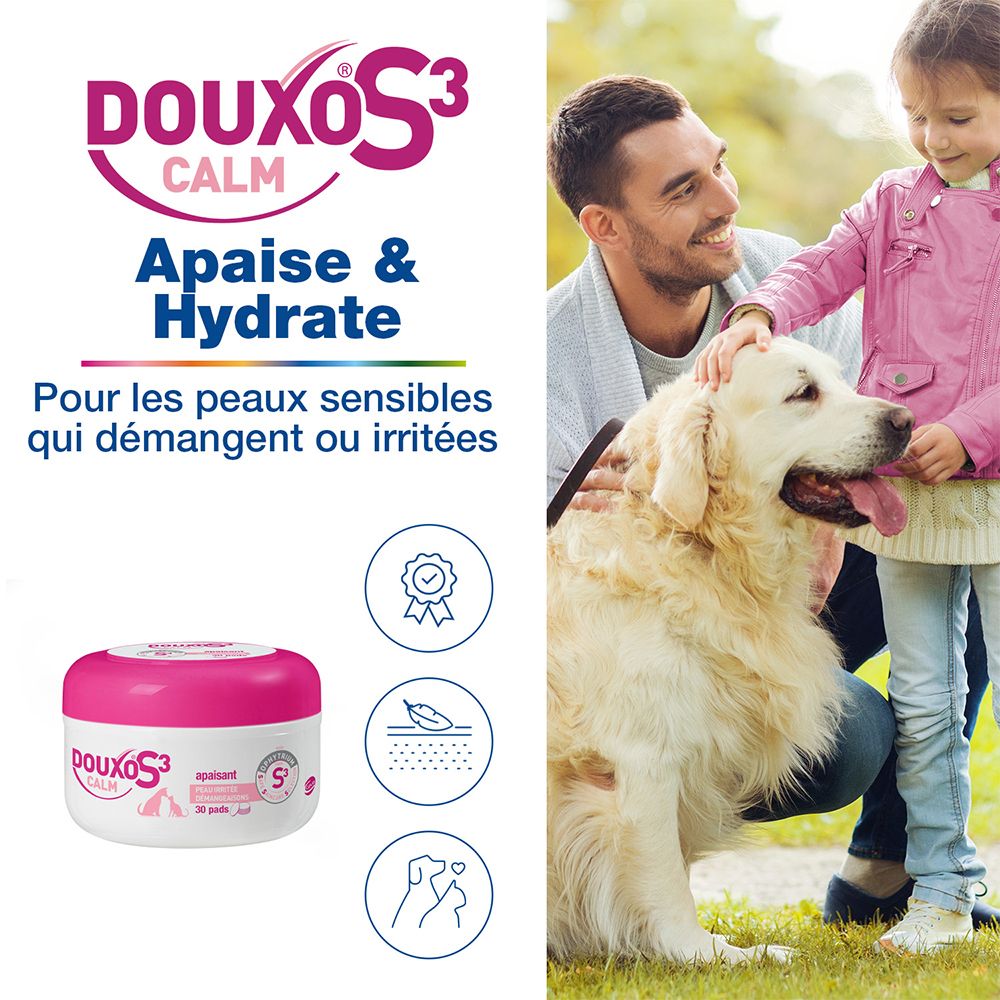 Publicité avec Douxo S3 Calm Pads. Homme, enfant et chien. Emballage du produit et logos. Texte: Apaise & Hydrate.