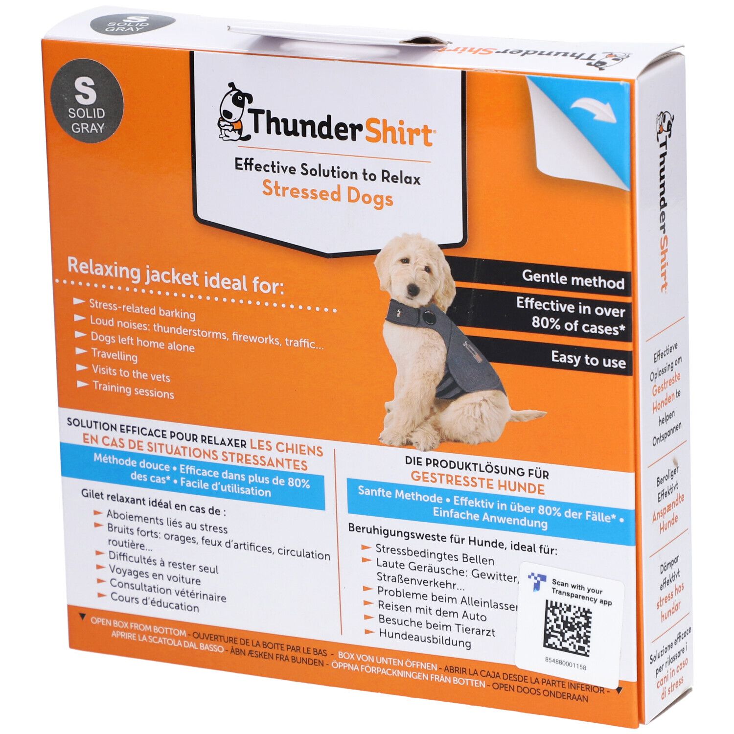 Boîte THUNDERSHIRT GILET CHIEN S. Image du produit et texte. Taille S. Solution pour chiens stressés.
