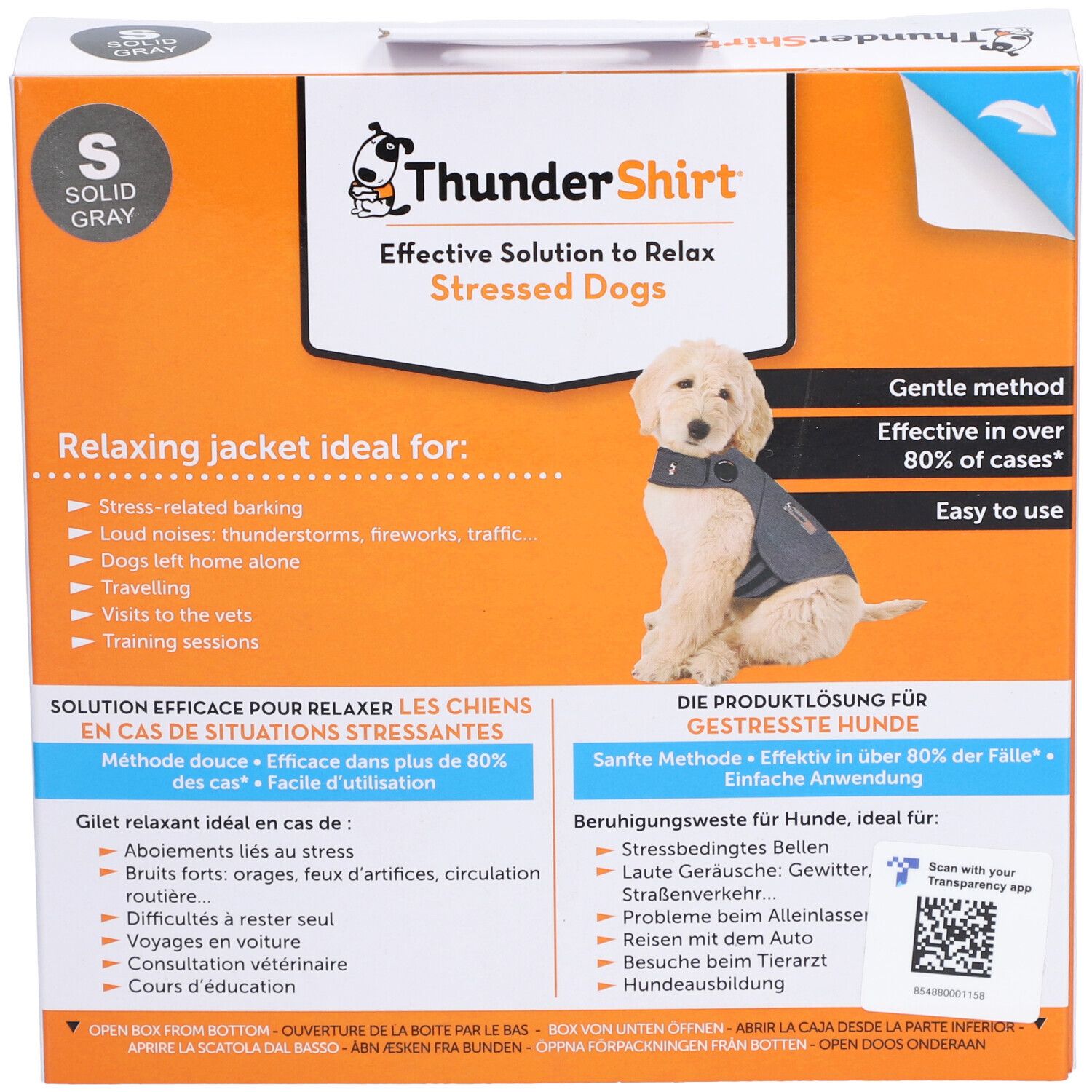 Boîte THUNDERSHIRT GILET CHIEN S. Image du produit et texte. Taille S. Solution pour chiens stressés.