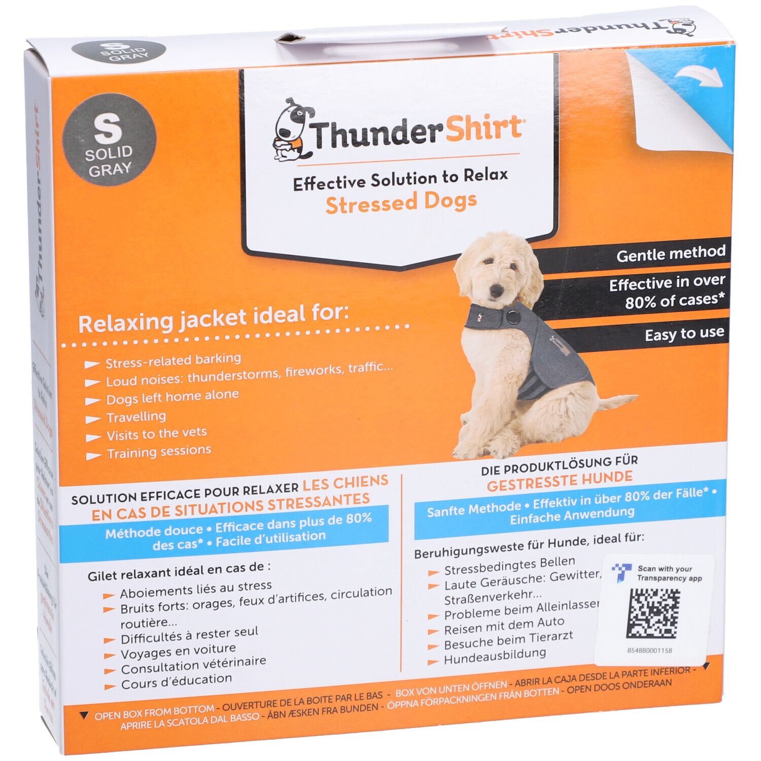 Boîte THUNDERSHIRT GILET CHIEN S. Image du produit et texte. Taille S. Solution pour chiens stressés.
