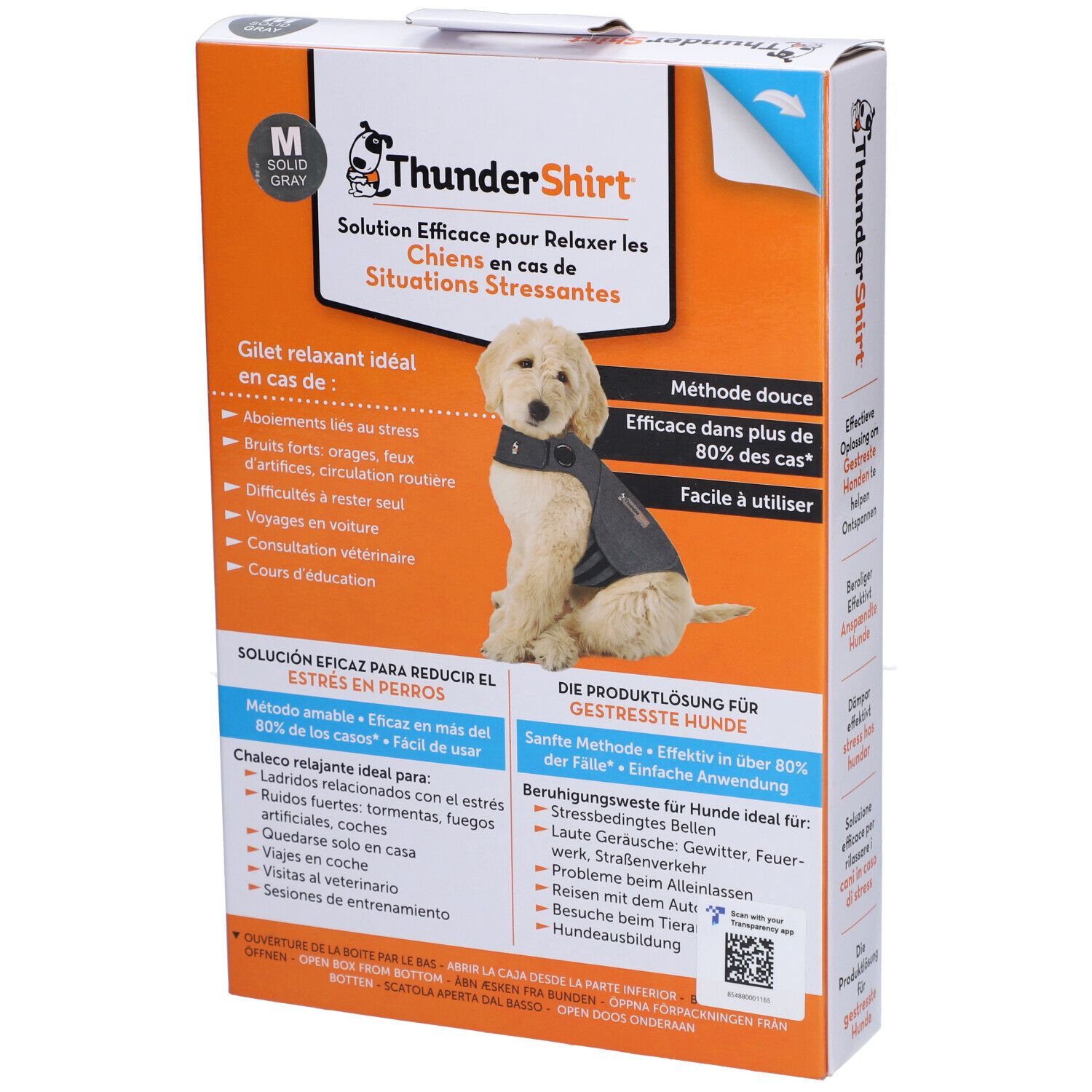 Boîte THUNDERSHIRT Gilet Relaxant M. Image du produit et texte. Taille M. Solution pour chiens stressés.