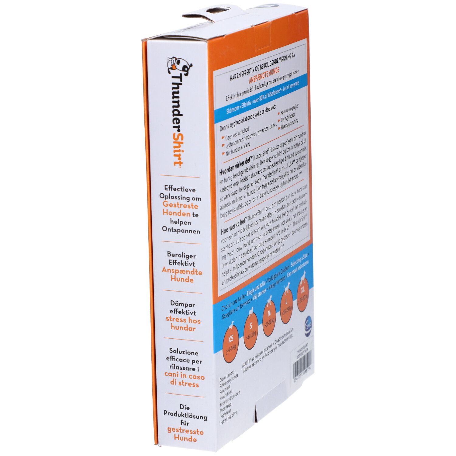 Vue latérale de la boîte THUNDERSHIRT Gilet Relaxant M. Texte multilingue. Orange et blanc.