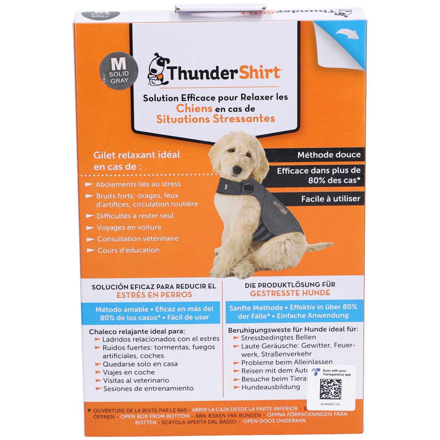 Face avant de la boîte THUNDERSHIRT Gilet Relaxant M. Image et texte. Taille M. Orange et blanc.