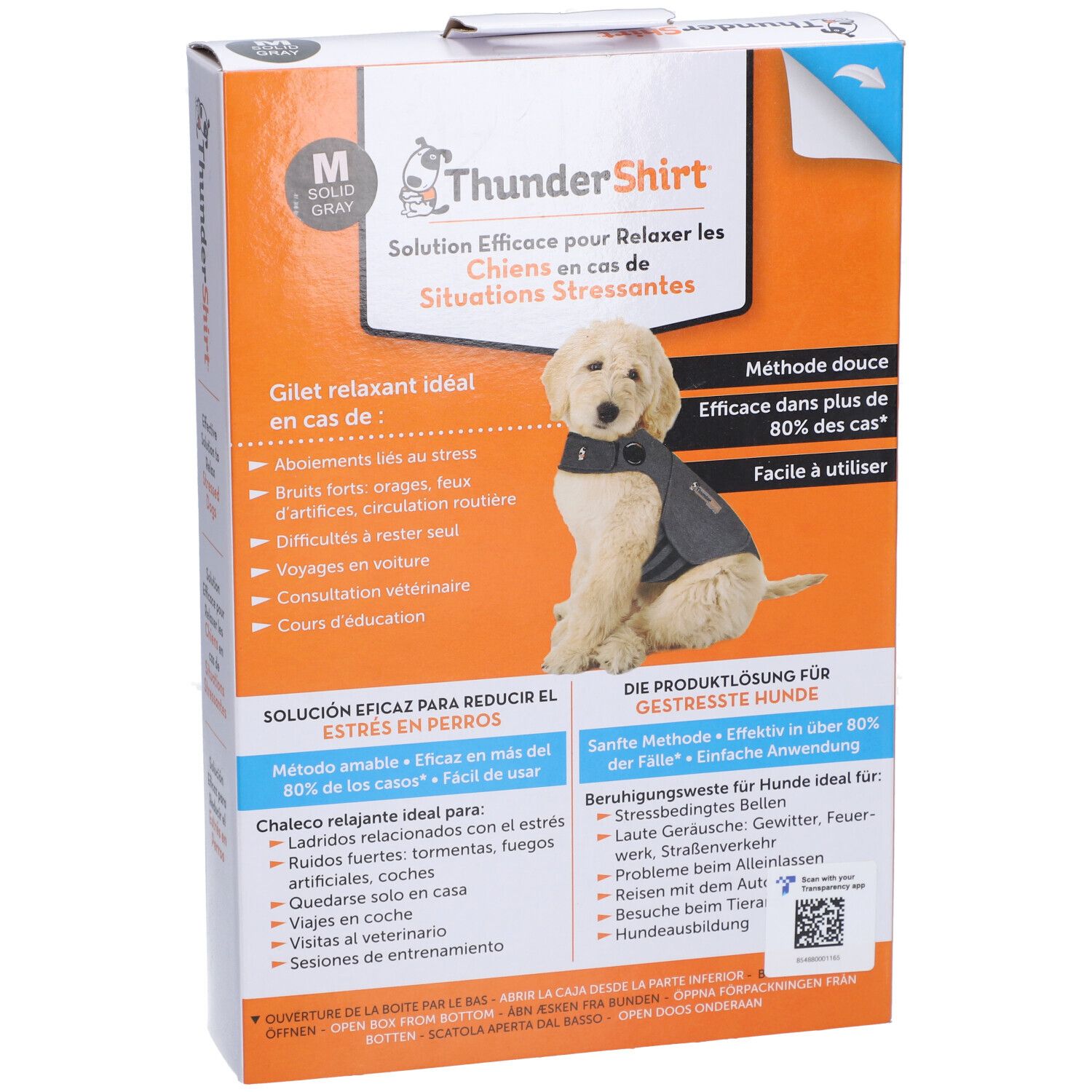 Face avant de la boîte THUNDERSHIRT Gilet Relaxant M. Image et texte. Taille M. Orange et blanc.