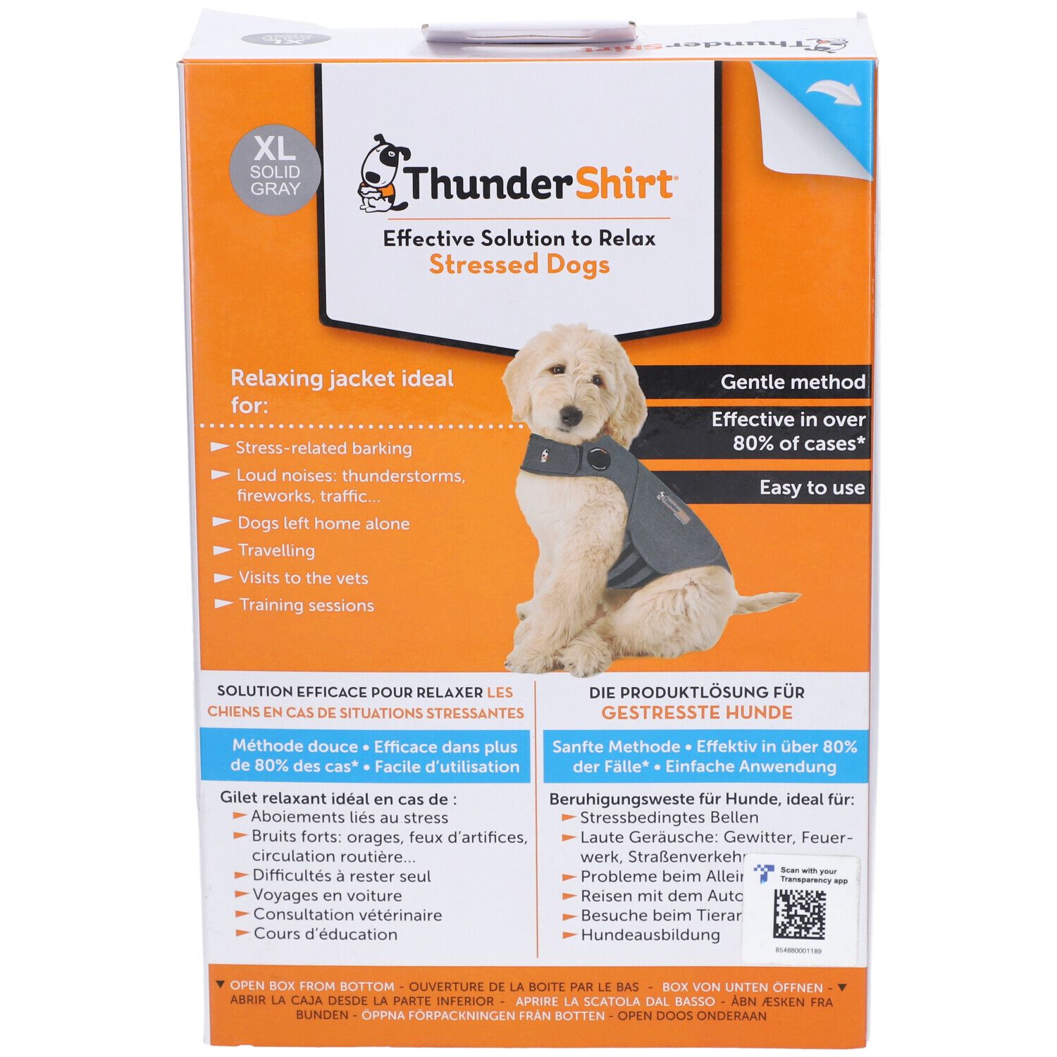 Boîte ThunderShirt Gilet Relaxant XL. Vue de face avec image et texte. Taille XL, couleur grise.