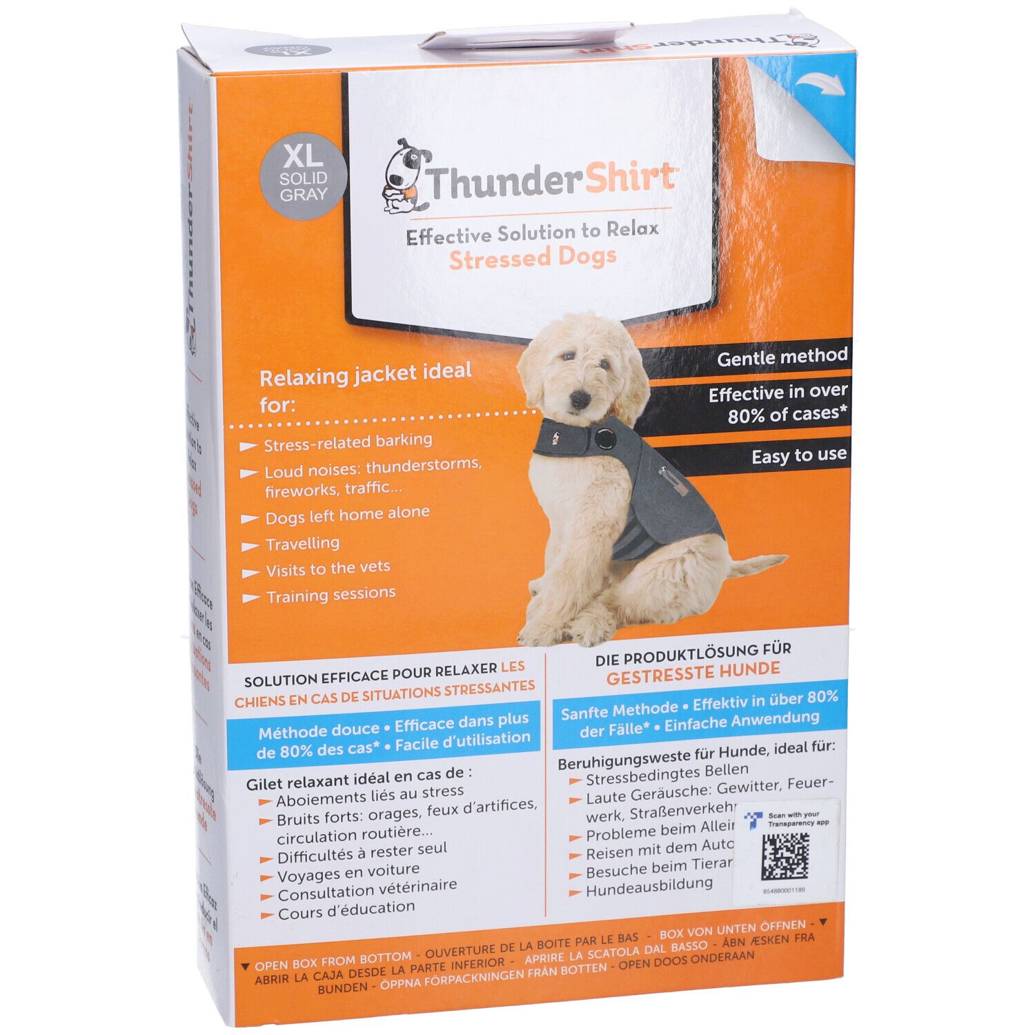 Boîte ThunderShirt Gilet Relaxant XL. Vue de face avec image et texte. Taille XL, couleur grise.
