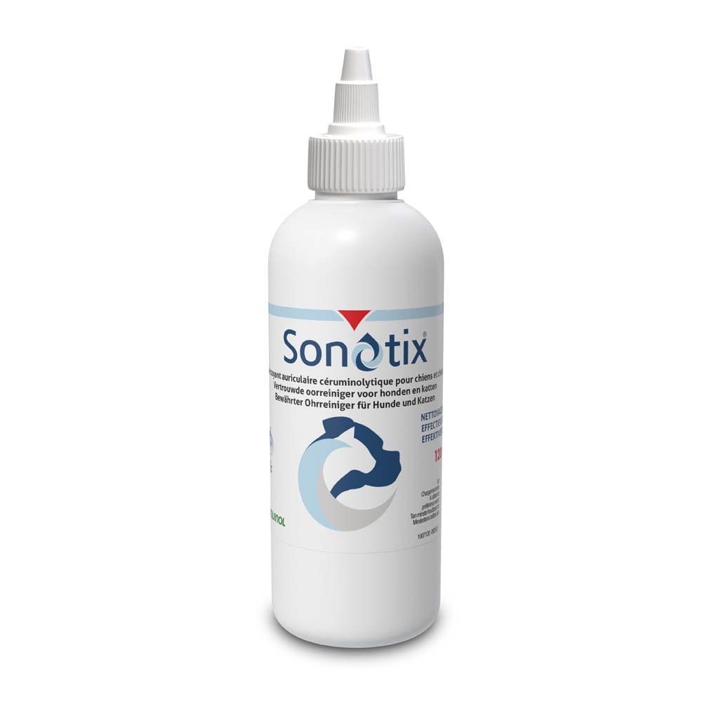Flacon blanc Sonotix nettoyant auriculaire avec embout applicateur. Comprend une silhouette de tête de chien bleue.