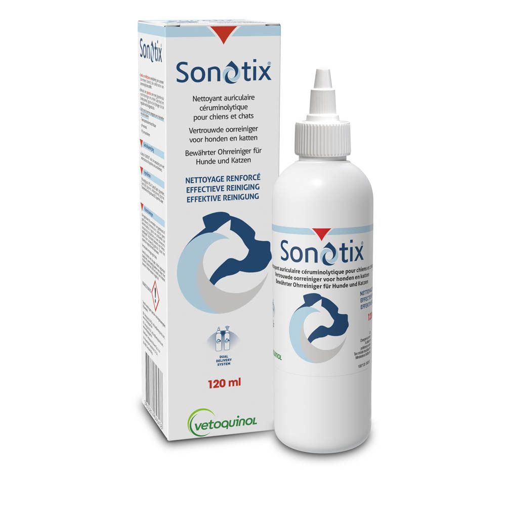 Flacon et boîte Sonotix nettoyant auriculaire. 120 ml. Avec symboles chien et chat.