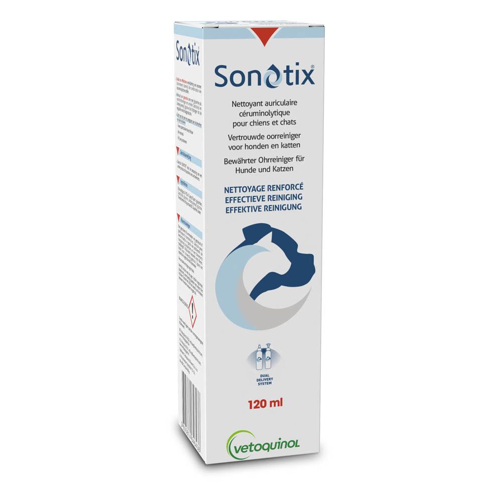 Boîte Sonotix nettoyant auriculaire. 120 ml. Avec symboles chien et chat et logo Vetoquinol.