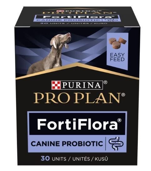 PRO PLAN FortiFlora. Boîte de 30 unités. Image d'un chien et illustration du produit.