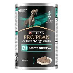 Boîte de nourriture pour chiens PRO PLAN VETERINARY DIETS EN GASTROINTESTINAL. Image d'un chien et morceaux de nourriture.