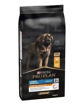 Emballage noir avec chien. Texte: PURINA PRO PLAN, LARGE ROBUST, ADULT 2+. Contient un label de qualité et du texte sur la nutrition.