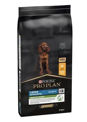 Sac noir PRO PLAN avec image de chiot. Texte: LARGE ATHLETIC PUPPY. Étiquette: HIGH PROTEIN.