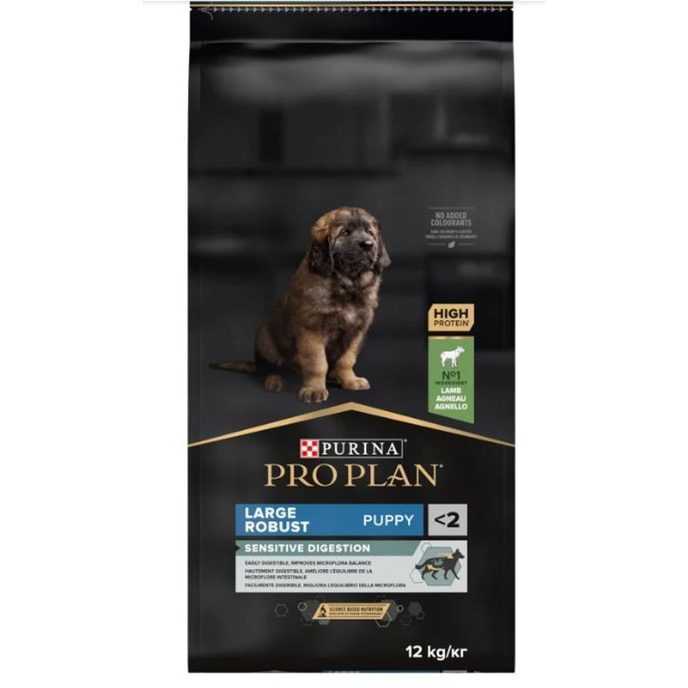 Sac de nourriture pour chiens PROPLAN. Image d'un chiot. Texte: LARGE ROBUST PUPPY <2, SENSITIVE DIGESTION. 12 kg/kr.