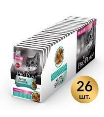 Boîte de nourriture pour chats PROPLAN. Contient 26 sachets. Inscription : chat, nom du produit, « Delicate ».