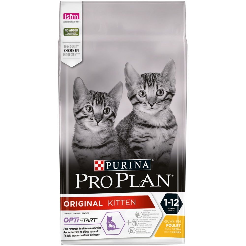 Sac PROPLAN Original Kitten. Deux chatons. Inscription: OPTISTART, 1-12, Poulet. Label de qualité.