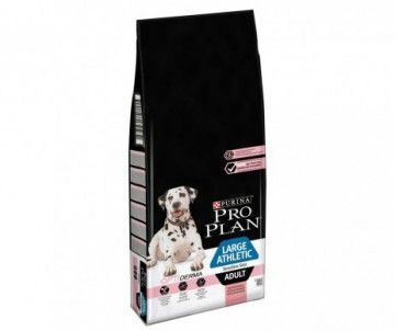 Sac noir de nourriture pour chiens. Inscription : PURINA PRO PLAN LARGE ATHLETIC ADULT. Image d'un dalmatien.